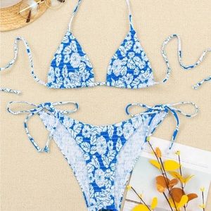 blue and white bikini